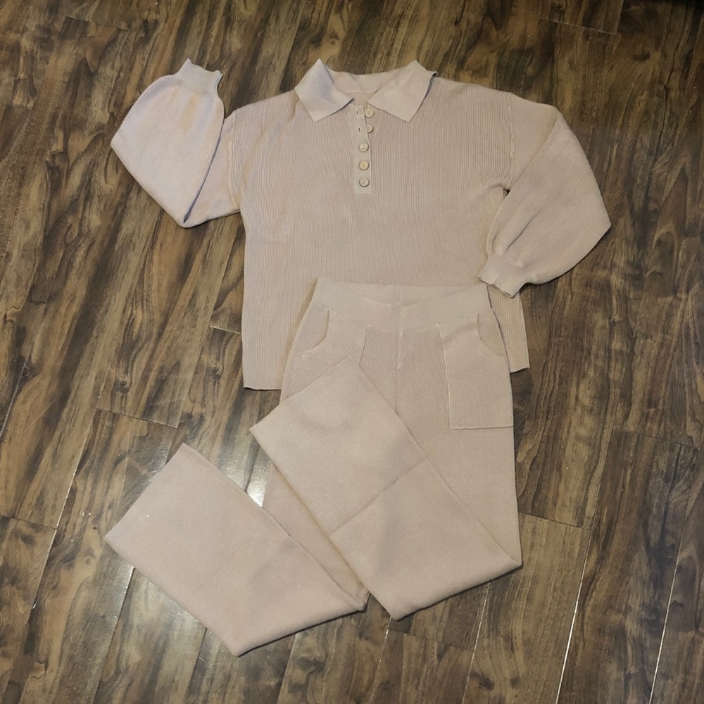 Stylish Beige Knit Sweater and Pants Set